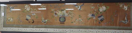 A 19th century Chinese embroidered silk panel 42 x 197cm excluding frame